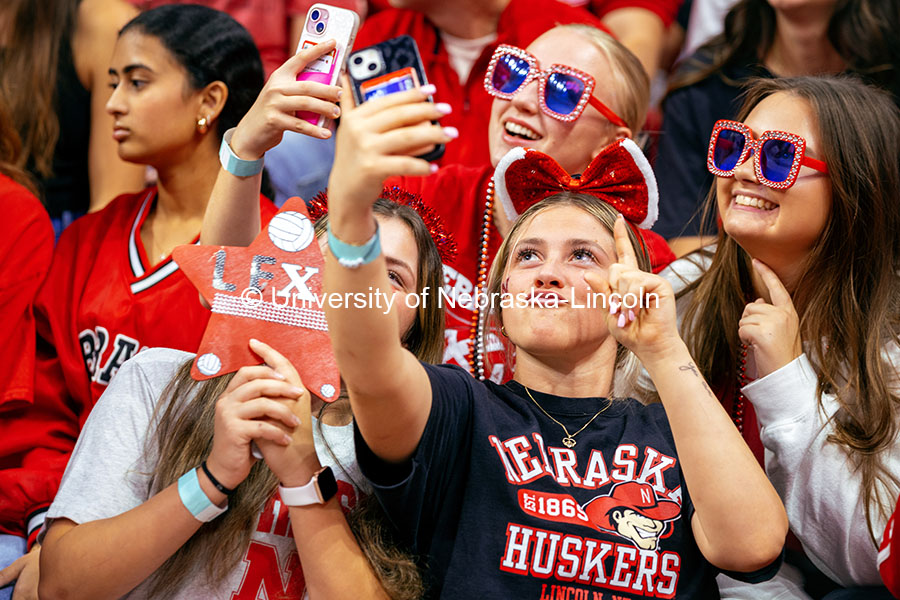 Students participate in the selfie cam in-between sets at the Nebraska vs. Illinois Volleyball game. October 25, 2024. Photo by Kristen Labadie / University Communication.