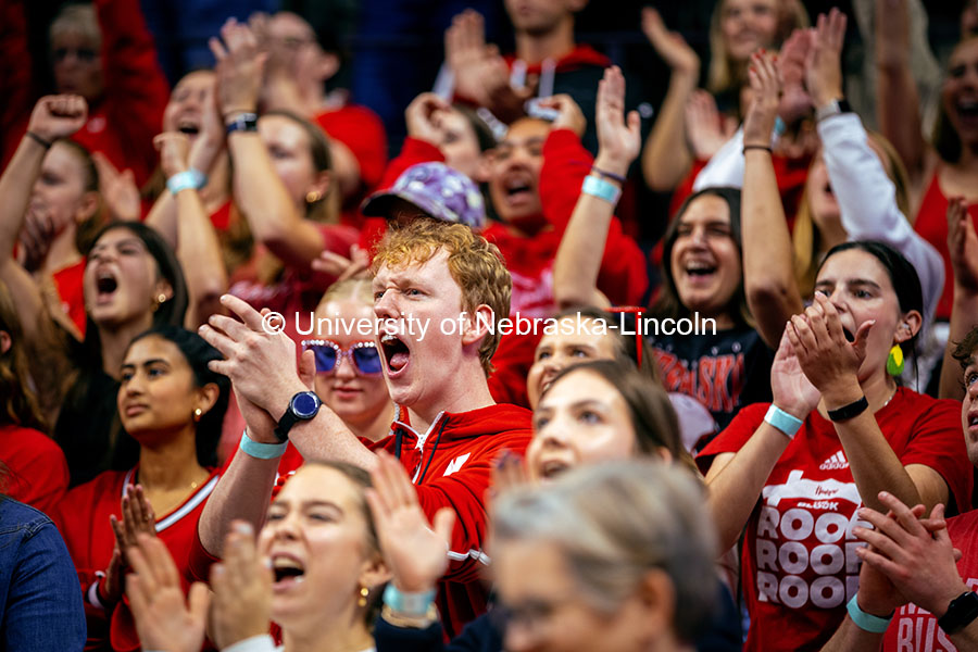 Students cheer as they celebrate a win at the Nebraska vs. Illinois Volleyball game. October 25, 2024. Photo by Kristen Labadie / University Communication.