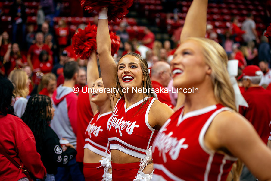 Kylie Eads, a Junior Marketing major and member of the Husker Cheer Squad, cheers at the Nebraska vs. Illinois Volleyball game. October 25, 2024. Photo by Kristen Labadie / University Communication.