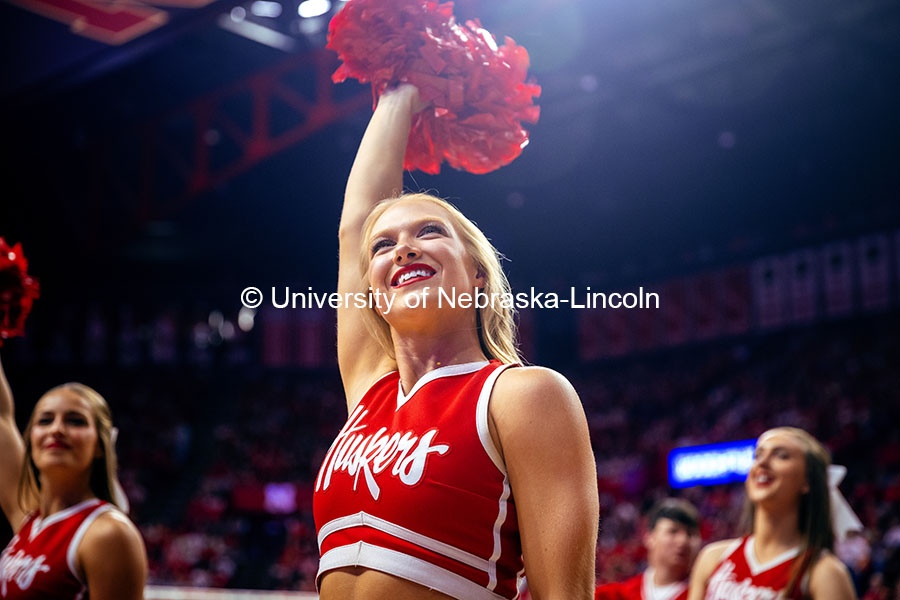 A Husker cheerleader cheers for Nebraska at the Nebraska vs. Illinois Volleyball game. October 25, 2024. Photo by Kristen Labadie / University Communication.