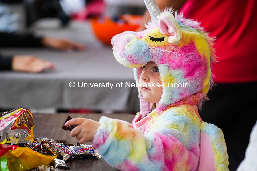 Small child dressed as a unicorn picks a piece of candy from a bowl. The University hosted a public Trick-or-Treat event at the chapter houses on Greek row. October 29, 2024. Photo by Vienna Oldenhof for University Communication and Marketing.