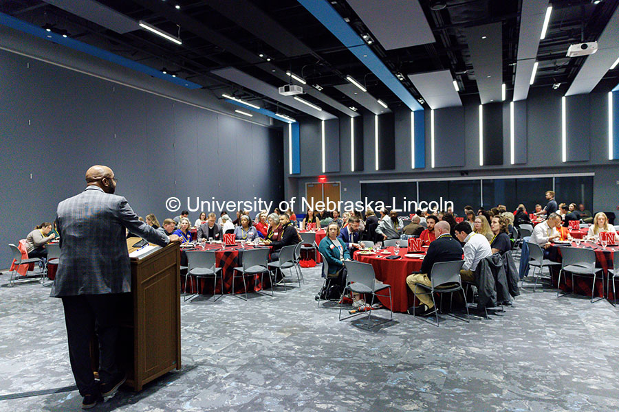 Chancellor Rodney Bennett speaks to attendees inside the Willa Cather Dining Complex Red Cloud Room. ASEM Thank You Luncheon. October 30, 2024. Photo by Jordan Opp / University Communication and Marketing