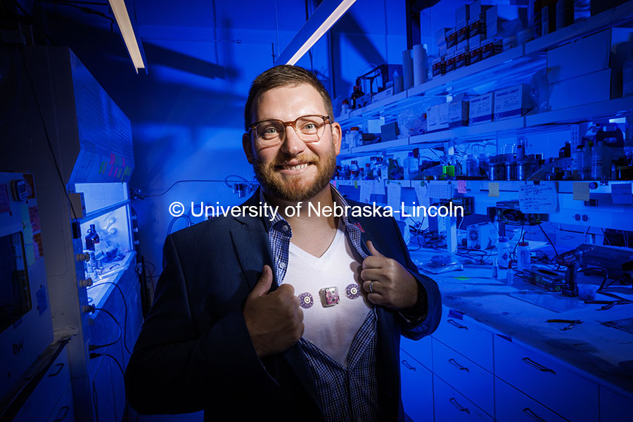 Eric Markvicka, Krohn Assistant Professor of Biomedical Engineering, is leading a project aimed at developing a wearable monitoring device that contains multiple types of sensors, enabling faster and more accurate detection of exacerbations of COPD and chronic conditions like asthma, heart disease and other inflammatory disorders. October 30, 2024. Photo by Craig Chandler / University Communication.