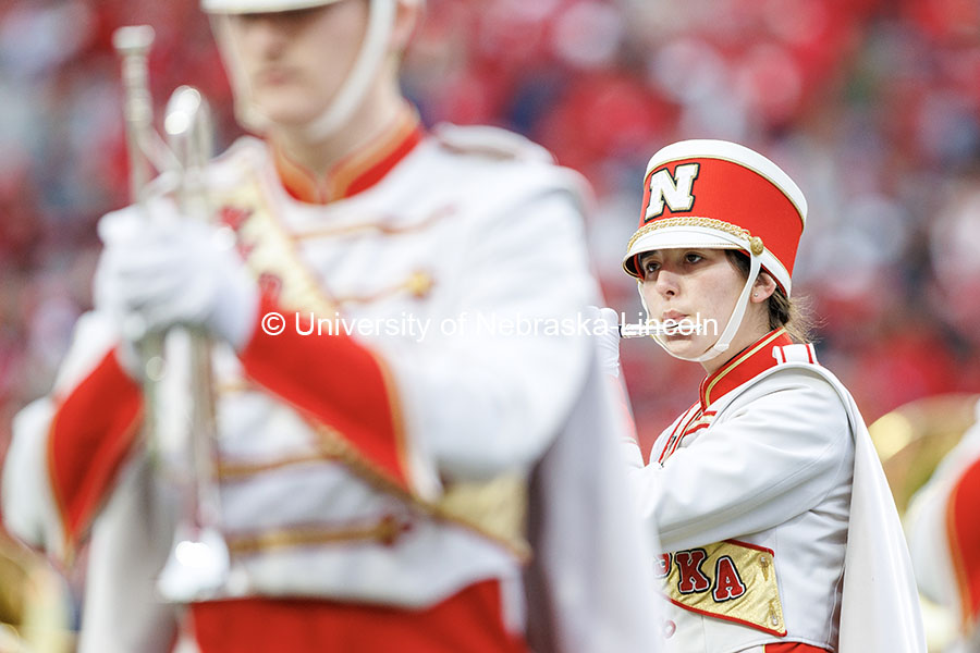 Members of the Cornhusker Marching Band preform at half-time. Nebraska vs UCLA football game. November 2, 2024. Photo by Jordan Opp / University Communication and Marketing.