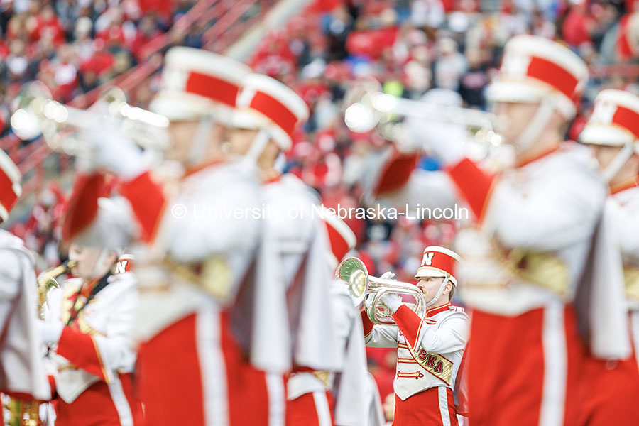 Members of the Cornhusker Marching Band preform at half-time. Nebraska vs UCLA football game. November 2, 2024. Photo by Jordan Opp / University Communication and Marketing.