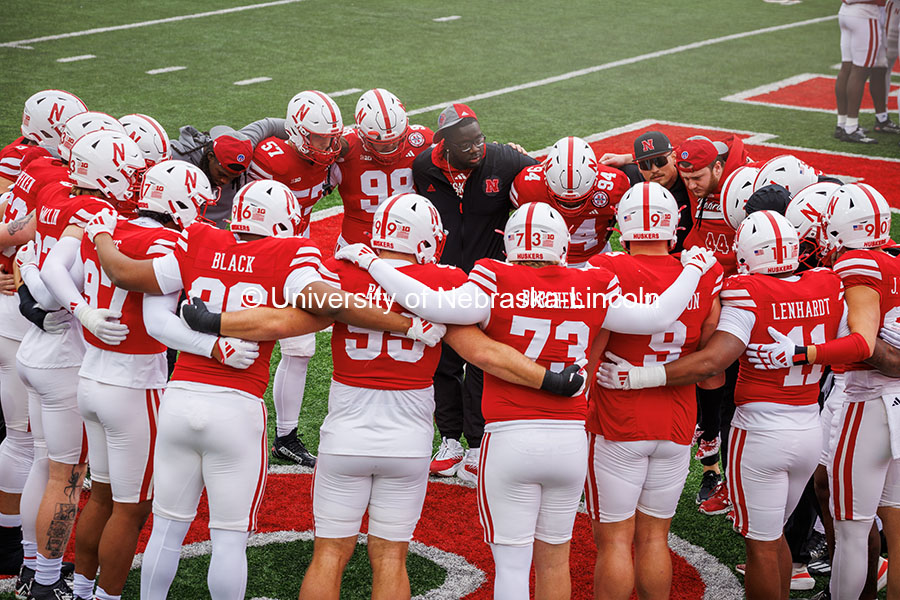 The defensive Line huddle up together at the Nebraska vs UCLA football game. November 2, 2024. Photo by Kristen Labadie / University Communication.