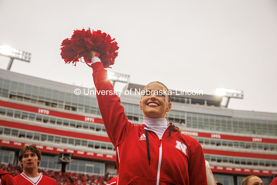 Kylie Eads, a Junior Marketing major and member of the Husker Cheer Squad rallies the crowd at the Nebraska vs UCLA football game. November 2, 2024. Photo by Kristen Labadie / University Communication.