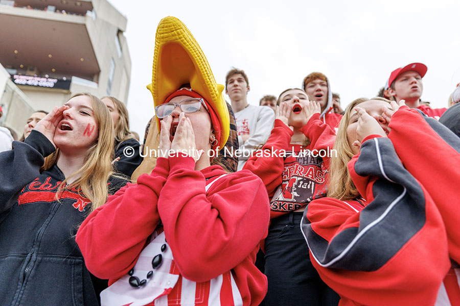 Audrey Hutchinson, from left, Brooklynne Costello and Kailee Eisma cheer during the first quarter. Nebraska vs UCLA football game. November 2, 2024. Photo by Jordan Opp / University Communication and Marketing.