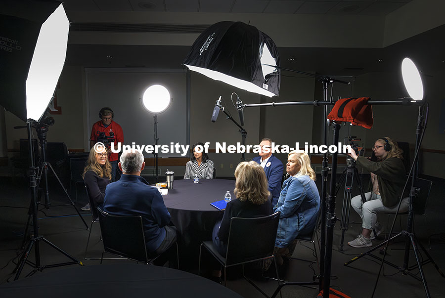 Professor Lindsay Hastings (left) facilitates a focus group conversation with NHRI Leadership Mentoring alumni on how the program has impacted their lives since graduating from Nebraska. NHRI Leadership Mentoring round table during the group’s 75th anniversary meetings. November 8, 2024. Photo by Craig Chandler / University Communication.