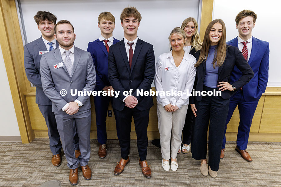 The final four teams consisting of Joey Idstein and Trey Johnson, from left, Joshua Buhr and Henry Moberly, Charlie McCown and Kate Peterson, and Kylie Eads and Aidan Kelch. Fall 2024 Center for Sales Role-Play Competition. November 15, 2024. Photo by Jordan Opp / University Communication and Marketing.