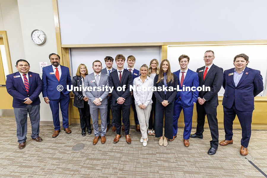 Professors and event organizers pose for a photo with the final four teams. Fall 2024 Center for Sales Role-Play Competition. November 15, 2024. Photo by Jordan Opp / University Communication and Marketing.