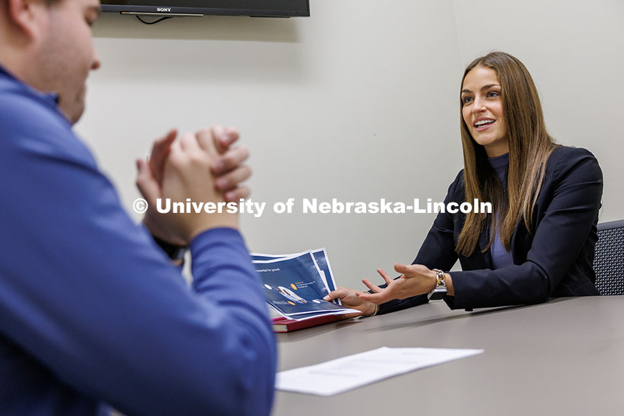 Kylie Eads sells her product in the semi-final round. Fall 2024 Center for Sales Role-Play Competition. November 15, 2024. Photo by Jordan Opp / University Communication and Marketing.