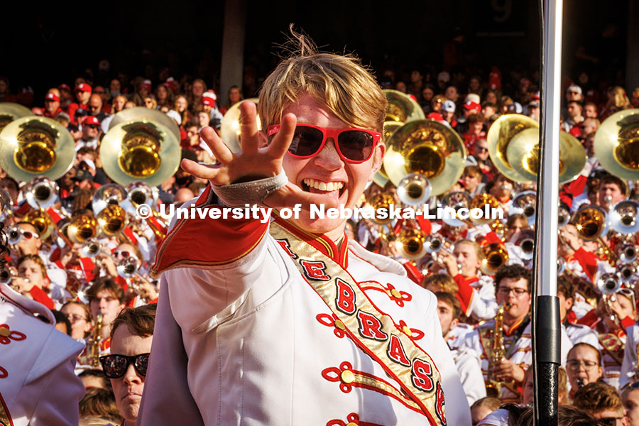 A band member celebrates a touchdown at the Huskers vs. Wisconsin football game. November 23, 2024. Photo by Kristen Labadie / University Communication.