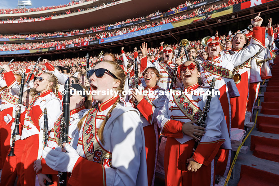 The Cornhusker Marching Band celebrate after the Huskers score a touchdown on their opening drive. Nebraska vs. Wisconsin football game. November 23, 2024. Photo by Jordan Opp / University Communication and Marketing.