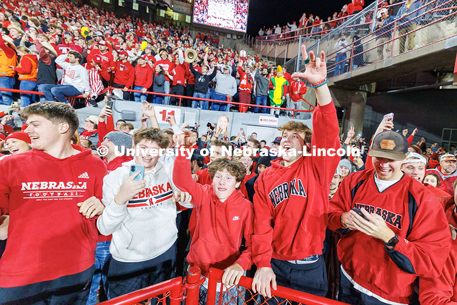 Husker fans celebrate in the closing seconds as the Huskers beat Wisconsin 44-25. Nebraska vs. Wisconsin football game. November 23, 2024. Photo by Jordan Opp / University Communication and Marketing.