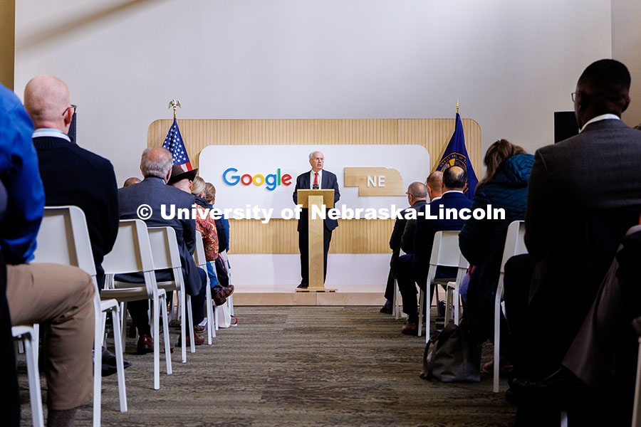 President Jeffrey Gold makes remarks at Innovation Campus. Google announced that it is giving $250,000 to the University of Nebraska to expand research and teaching related to artificial intelligence. The gift is part of a broader set of investments Google is making to support education in Nebraska. November 25, 2024. Photo by Jordan Opp / University Communication and Marketing.