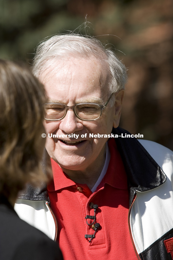 UNL alumnus Warren Buffett talks with Microsoft Corp. founder Bill Gates outside the Lied Center for