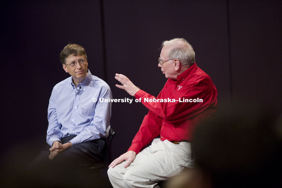 UNL alumnus Warren Buffett talks with Microsoft Corp. founder Bill Gates outside the Lied Center for