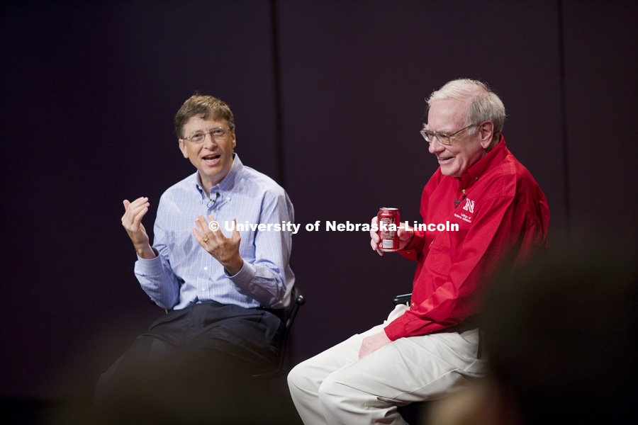 UNL alumnus Warren Buffett talks with Microsoft Corp. founder Bill Gates outside the Lied Center for