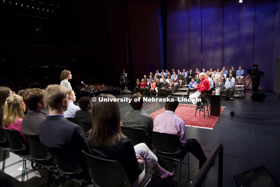 UNL alumnus Warren Buffett talks with Microsoft Corp. founder Bill Gates outside the Lied Center for