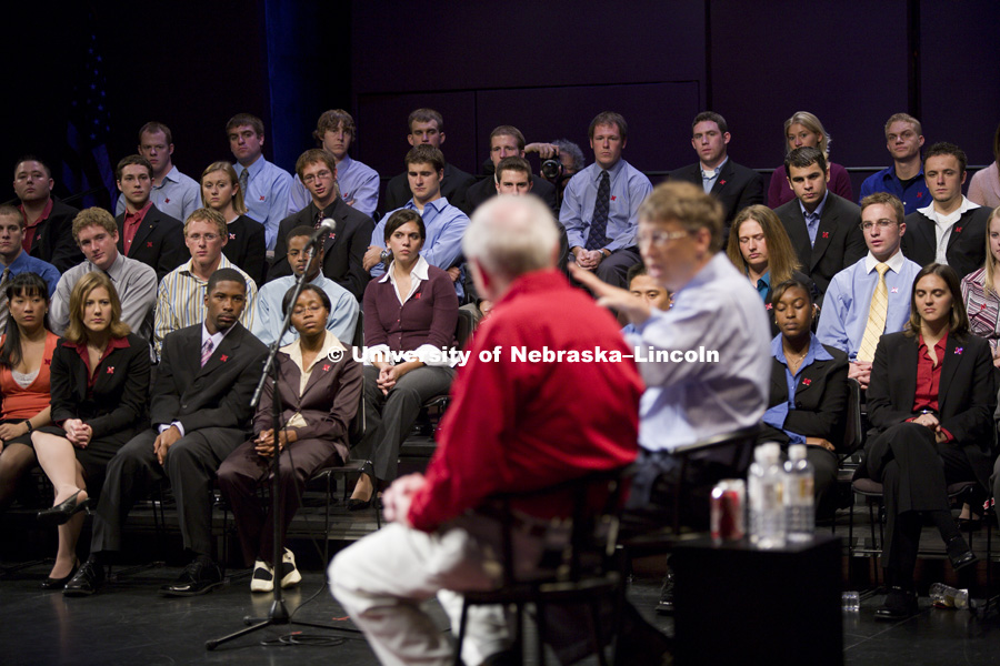 UNL alumnus Warren Buffett talks with Microsoft Corp. founder Bill Gates outside the Lied Center for