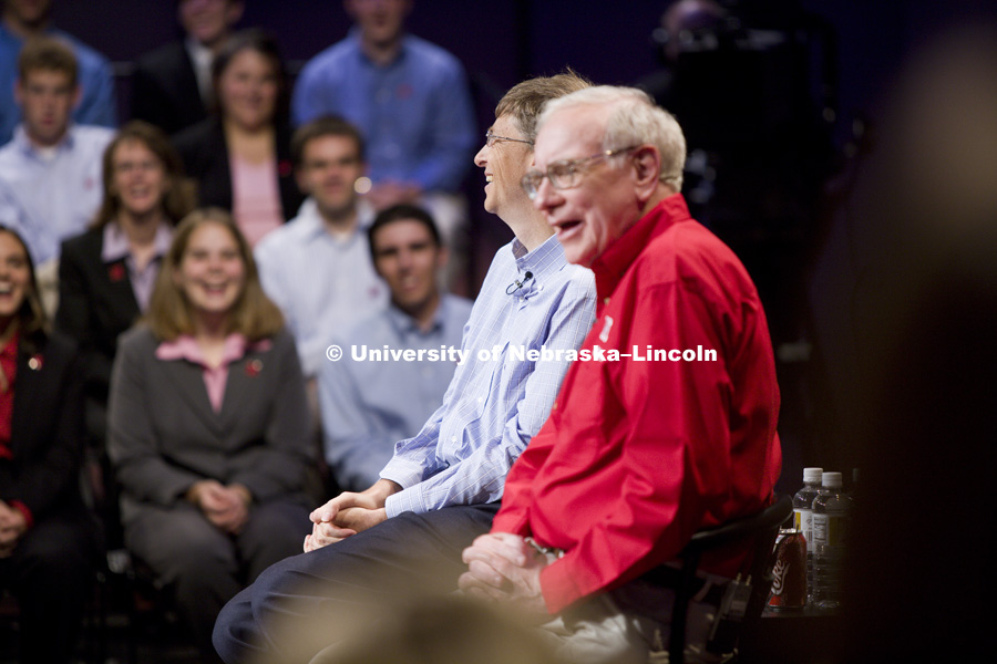 UNL alumnus Warren Buffett talks with Microsoft Corp. founder Bill Gates outside the Lied Center for