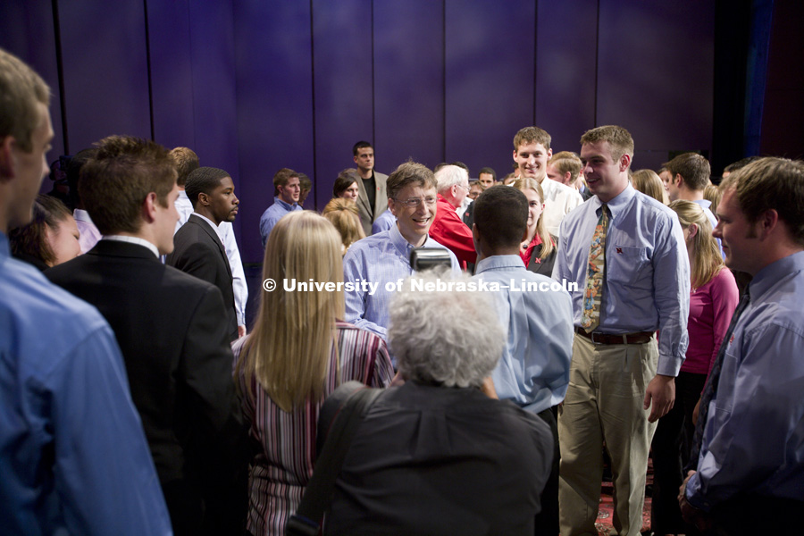 UNL alumnus Warren Buffett talks with Microsoft Corp. founder Bill Gates outside the Lied Center for