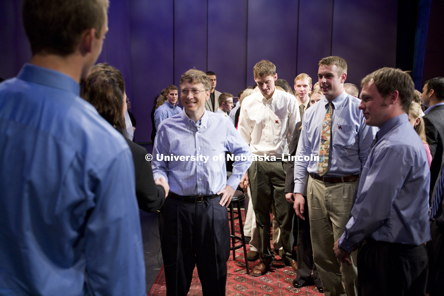 UNL alumnus Warren Buffett talks with Microsoft Corp. founder Bill Gates outside the Lied Center for