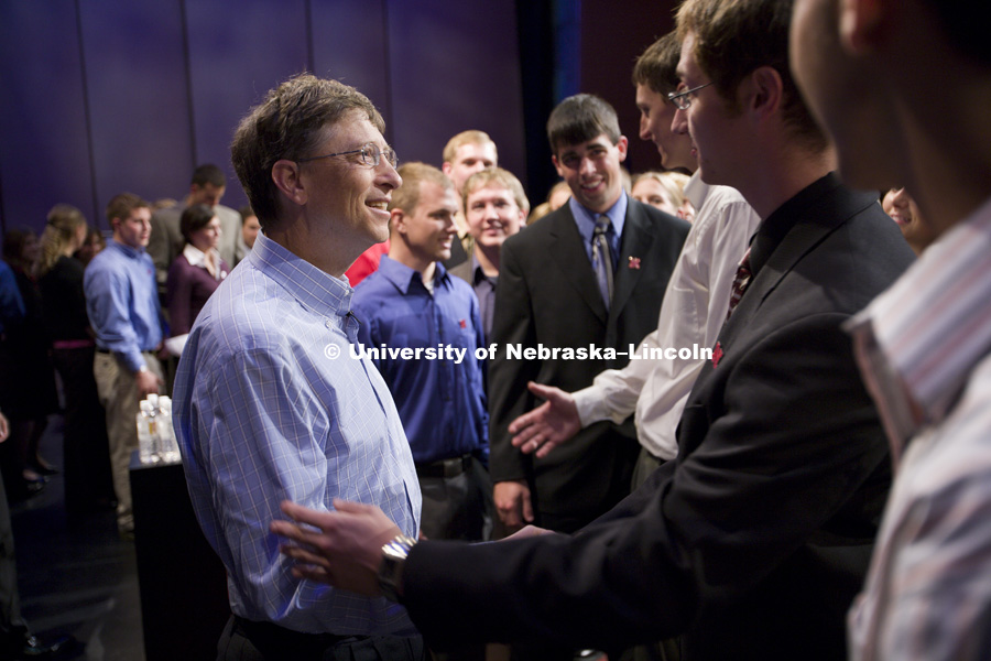 UNL alumnus Warren Buffett talks with Microsoft Corp. founder Bill Gates outside the Lied Center for