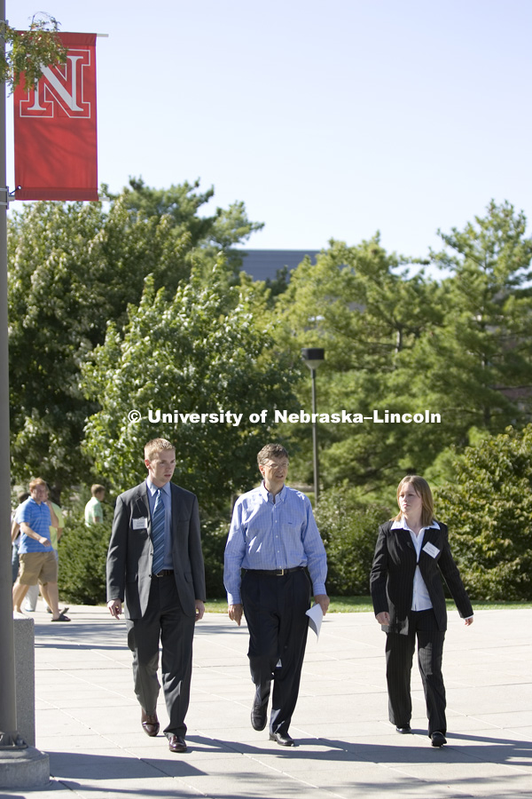 UNL alumnus Warren Buffett talks with Microsoft Corp. founder Bill Gates outside the Lied Center for