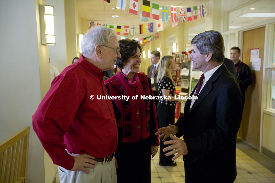 UNL alumnus Warren Buffett talks with Microsoft Corp. founder Bill Gates outside the Lied Center for