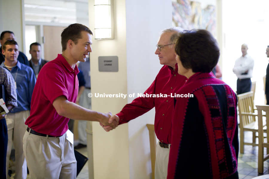 UNL alumnus Warren Buffett talks with Microsoft Corp. founder Bill Gates outside the Lied Center for