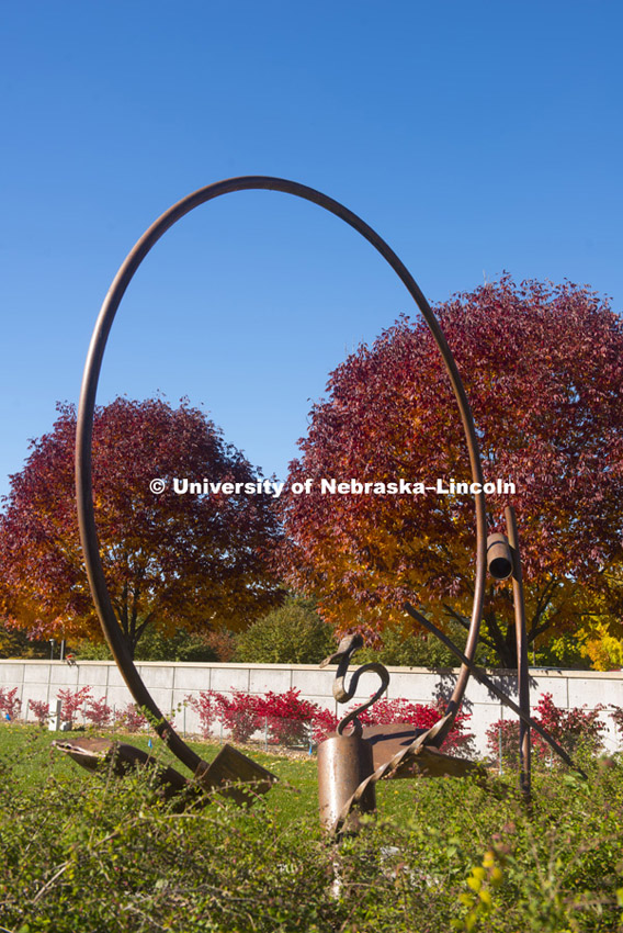 Sculpture in the courtyard by the Law College. Fall east campus photos, October 20, 2014. 