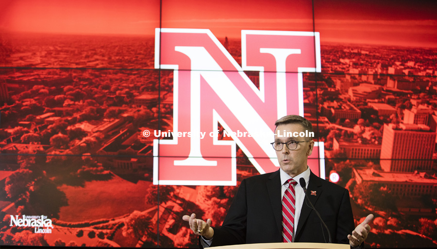 New UNL Chancellor Ronnie Green talks to the crowd after being introduced as the new Chancellor Wedn