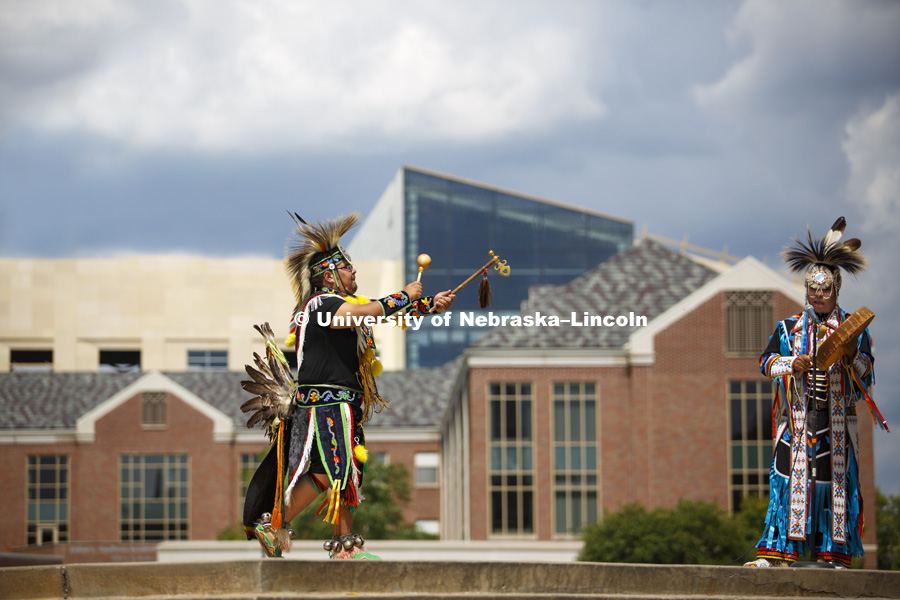 Native American performance group, the Many Moccasins Dance Troupe, dances in front of the Nebraska 