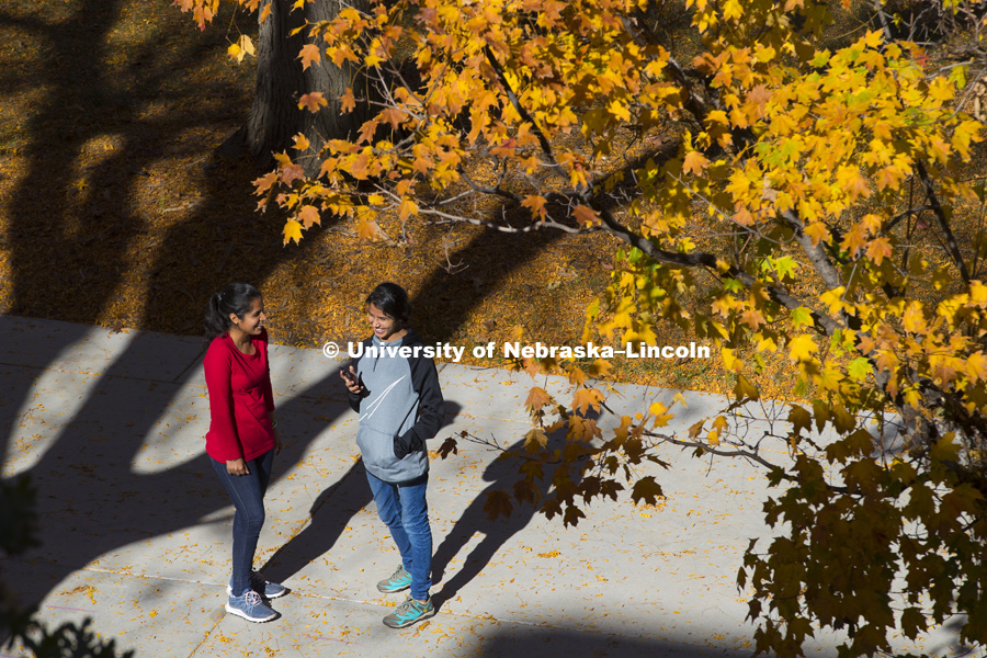 Manny Saluja and Jaspreet Sandhu, both graduate students in agronomy, talk on the sidewalk outside t