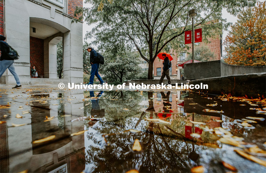 Rainy day on city campus Nebraska Union Plaza. October 10, 2019. 