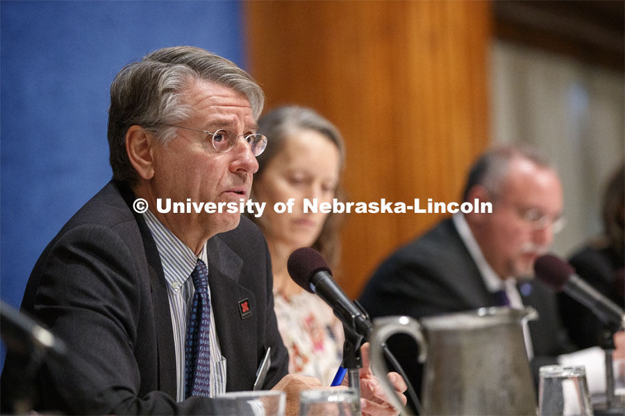 Frans von Der Dunk, Nebraska Law professor, talks during a panel on commercial space legislation. Gl