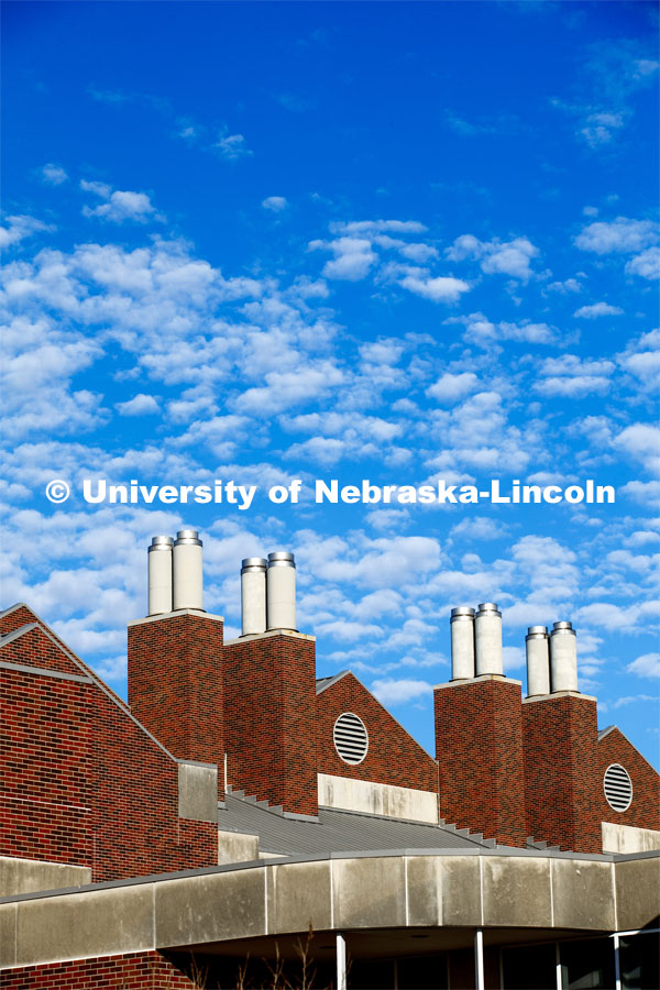 Exterior shot of Beadle Center chimney stacks. November 19, 2019. 