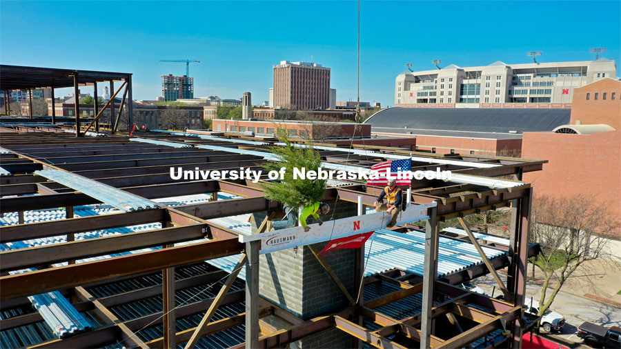 Topping out ceremony for the new construction atop the demolished Mabel Lee Hall. April 9, 2021. Man