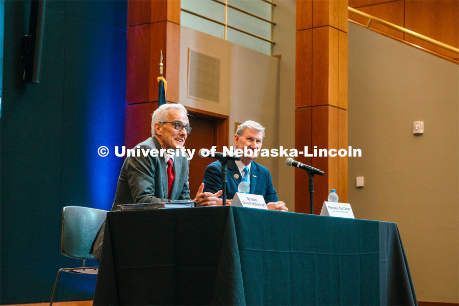 Secretary of Veterans Affairs Denis McDonough and NU System President Ted Carter address student vet