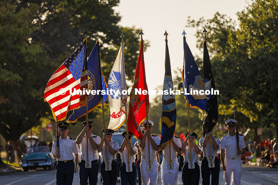 Joint ROTC Color Guard leads the parade. Cornchella Homecoming Parade and Cornstock. October 4, 2024