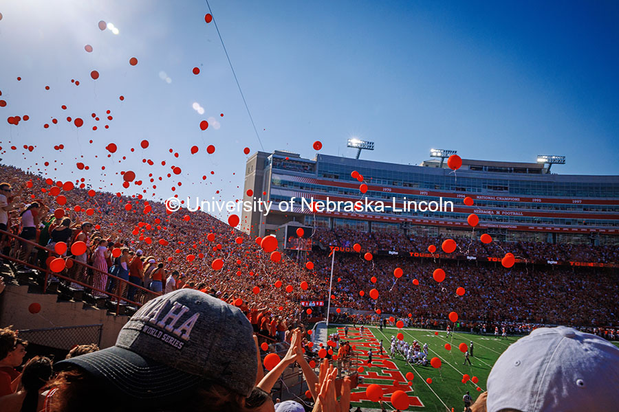 Red balloons are released at the Nebraska vs Rutgers football game. Homecoming game. October 5, 2024