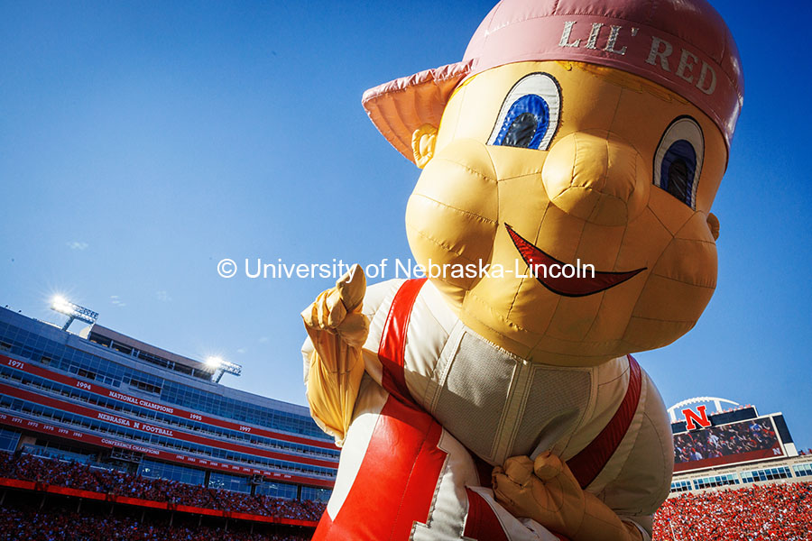 Lil' Red points at the Nebraska vs Rutgers football game. Homecoming game. October 5, 2024. 