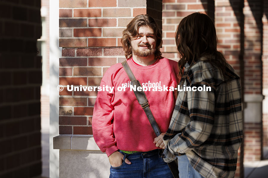 Students socializing outside the Raikes Center. Raikes School photoshoot. October 9, 2024. 