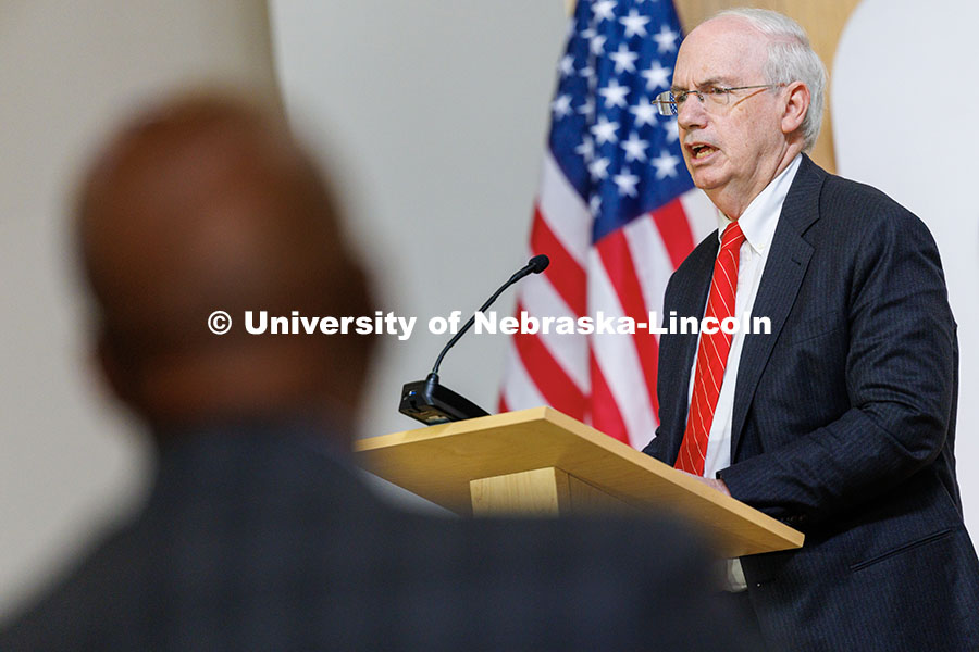 Chancellor Rodney Bennett watches as President Jeffrey Gold makes remarks at Innovation Campus. Goog