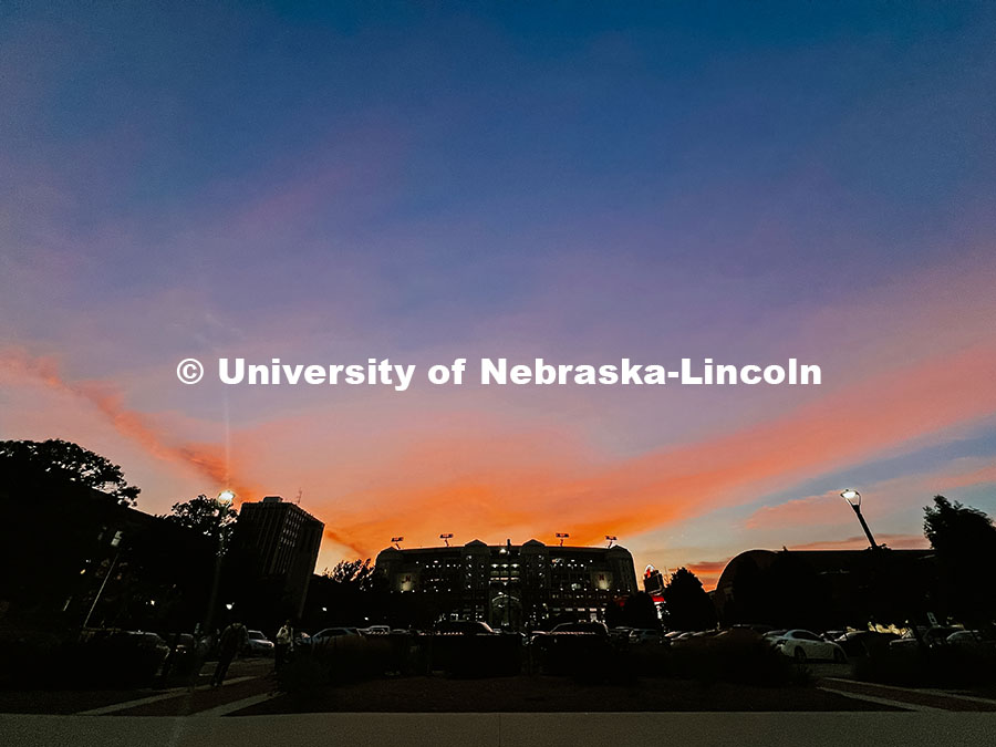 Sunset over east Memorial Stadium. Fall photos on City Campus. July 1, 2024. Taylor DeMaro / Univers