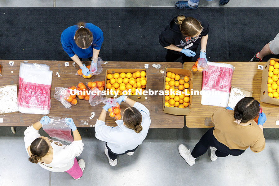 University of Nebraska–Lincoln students place oranges into bags during SLICE’s Engage Lincoln Vo