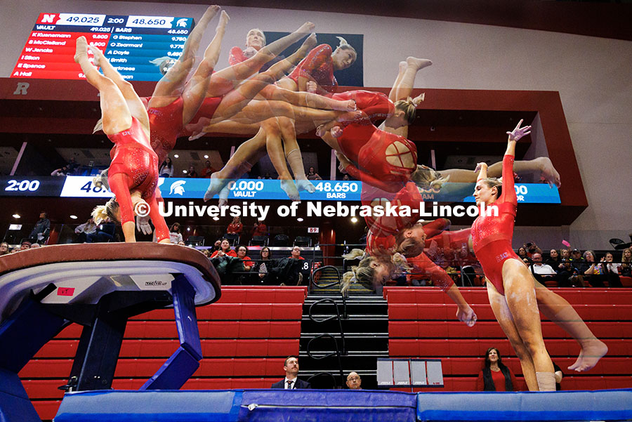 A composite photo illustrates Jenna Sartoretto performing her vault during their gymnastics meet aga