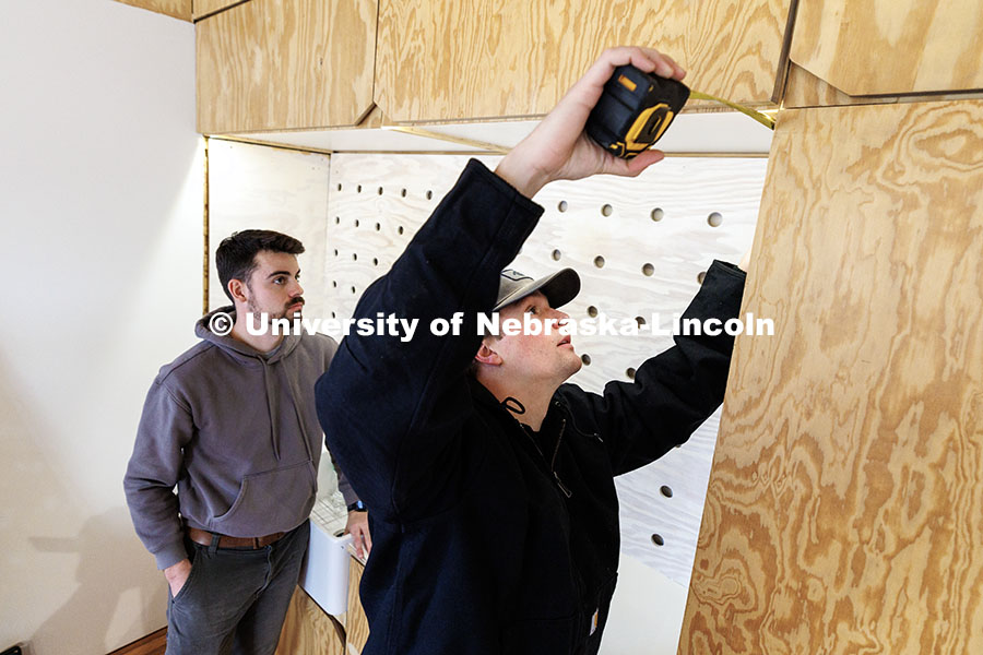 241209_Art_Chapel_02.jpg Third year architecture students Ethan Watermeier, right, and Devyn Beekman take measurements to pla